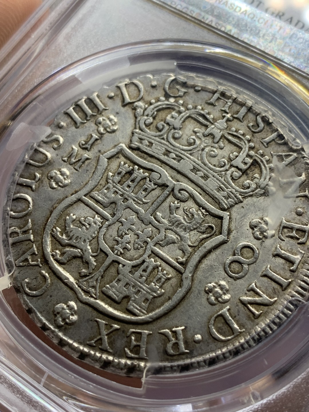 《竞宝斋》第98场-本周日，周一2场连拍（全场不限金额包邮） PCGS-AU92 1768年西属秘鲁卡洛斯三世地球双柱银币 热门秘鲁版，AU有分就接近万元了，没分性价比高