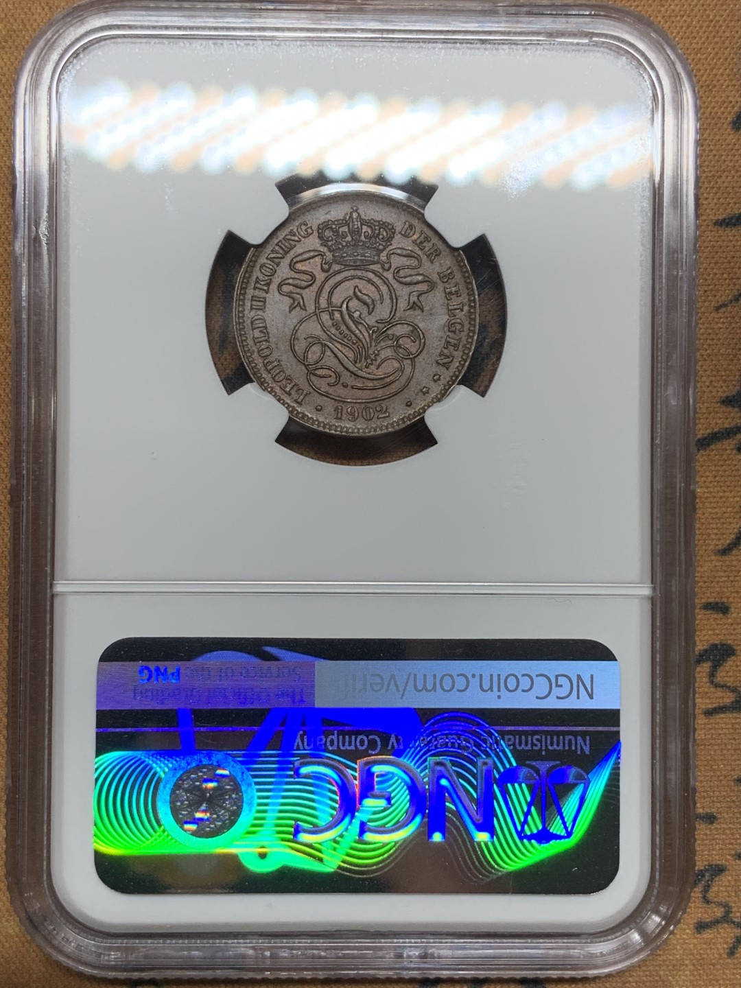 《竞宝斋》第98场-本周日，周一2场连拍（全场不限金额包邮） 唯一冠军分 NGC-AU58 比利时1902年 雄狮2分铜币 非常少见