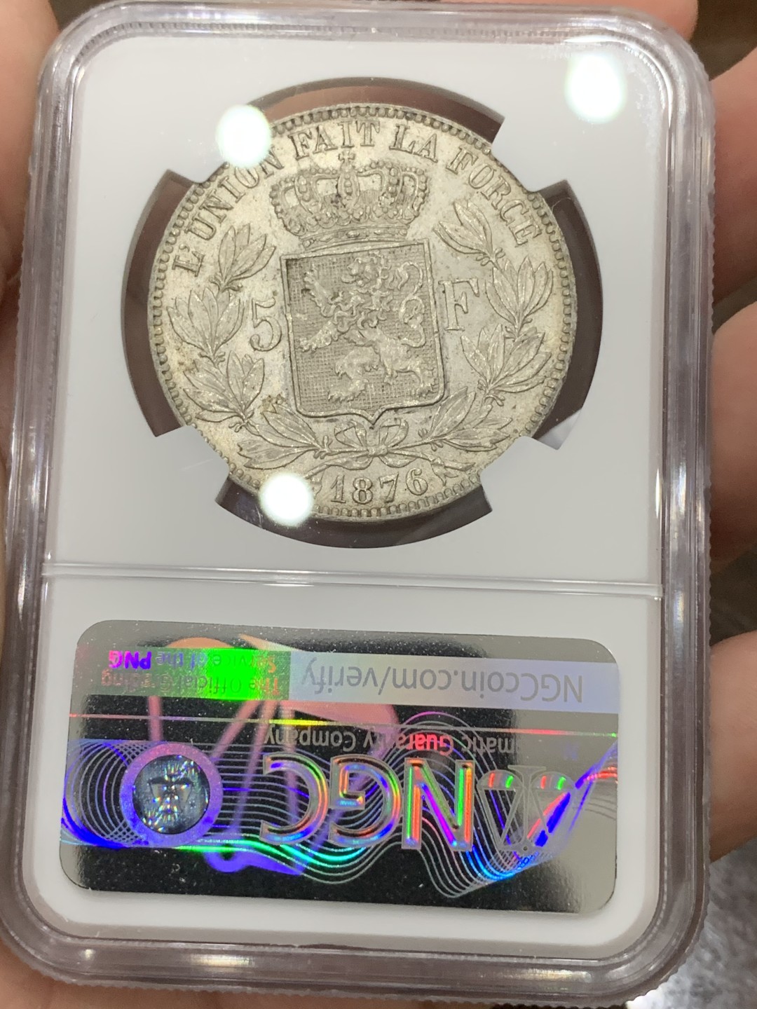 《竞宝斋》第98场-本周日，周一2场连拍（全场不限金额包邮） NGC-MS62 比利时1876年 利奥波德二世 5法郎大银币 这样的品种也是越来越少了