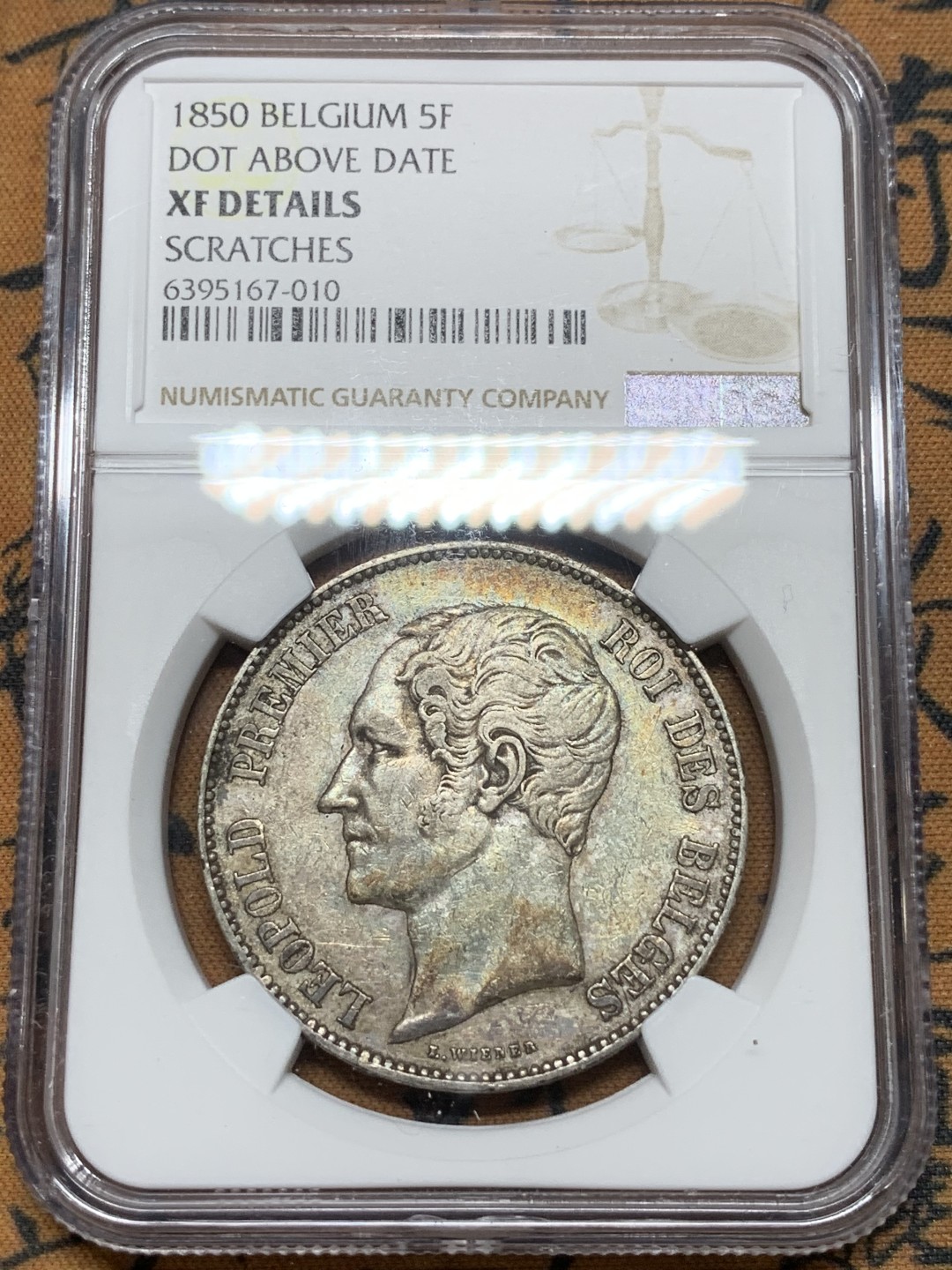 《竞宝斋》第98场-本周日，周一2场连拍（全场不限金额包邮） NGC-XF 比利时1850年 利奥波德一世短发 5法郎大银币 酱彩包浆 非常漂亮