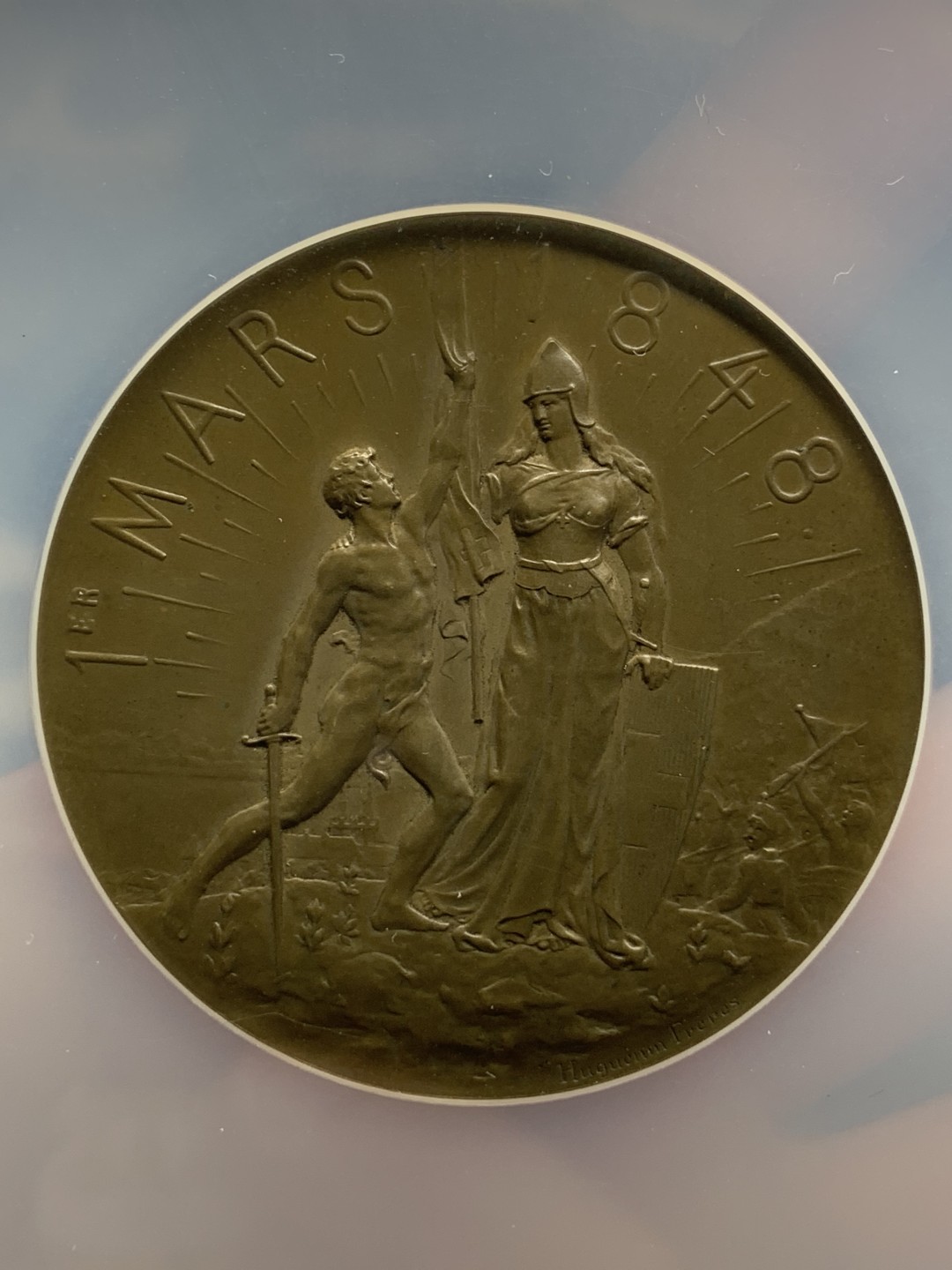 《竞宝斋》第98场-本周日，周一2场连拍（全场不限金额包邮） NGC-MS63 1898年瑞士纳沙泰尔联邦50周年纪念铜章（亚军分，加大盒）