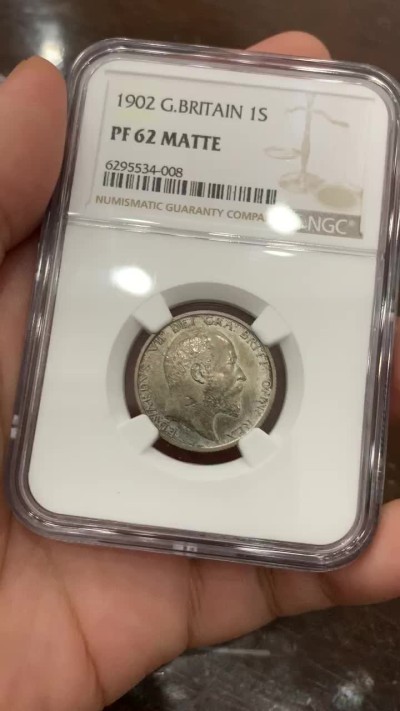 《竞宝斋》第98场-本周日，周一2场连拍（全场不限金额包邮） NGC PF62MATTE 深彩英国1902年爱七精制一先令银币