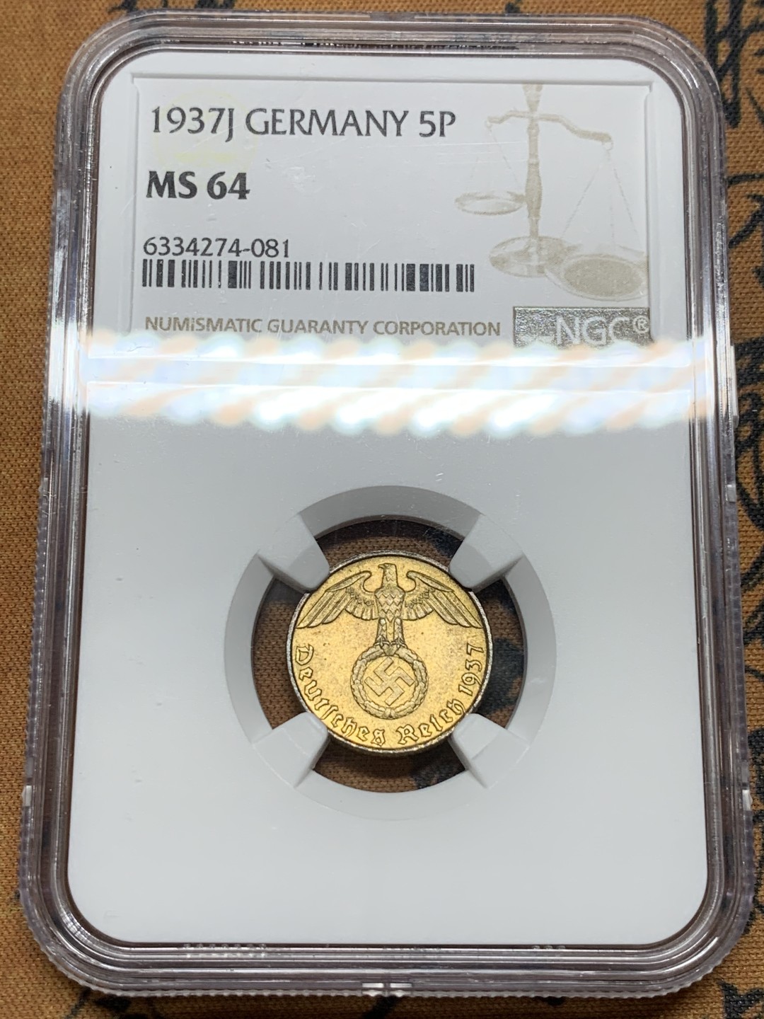 《竞宝斋》第98场-本周日，周一2场连拍（全场不限金额包邮） NGC-MS64 1937J 帝国5芬尼。金光闪闪的鹰徽辅币，高分不易