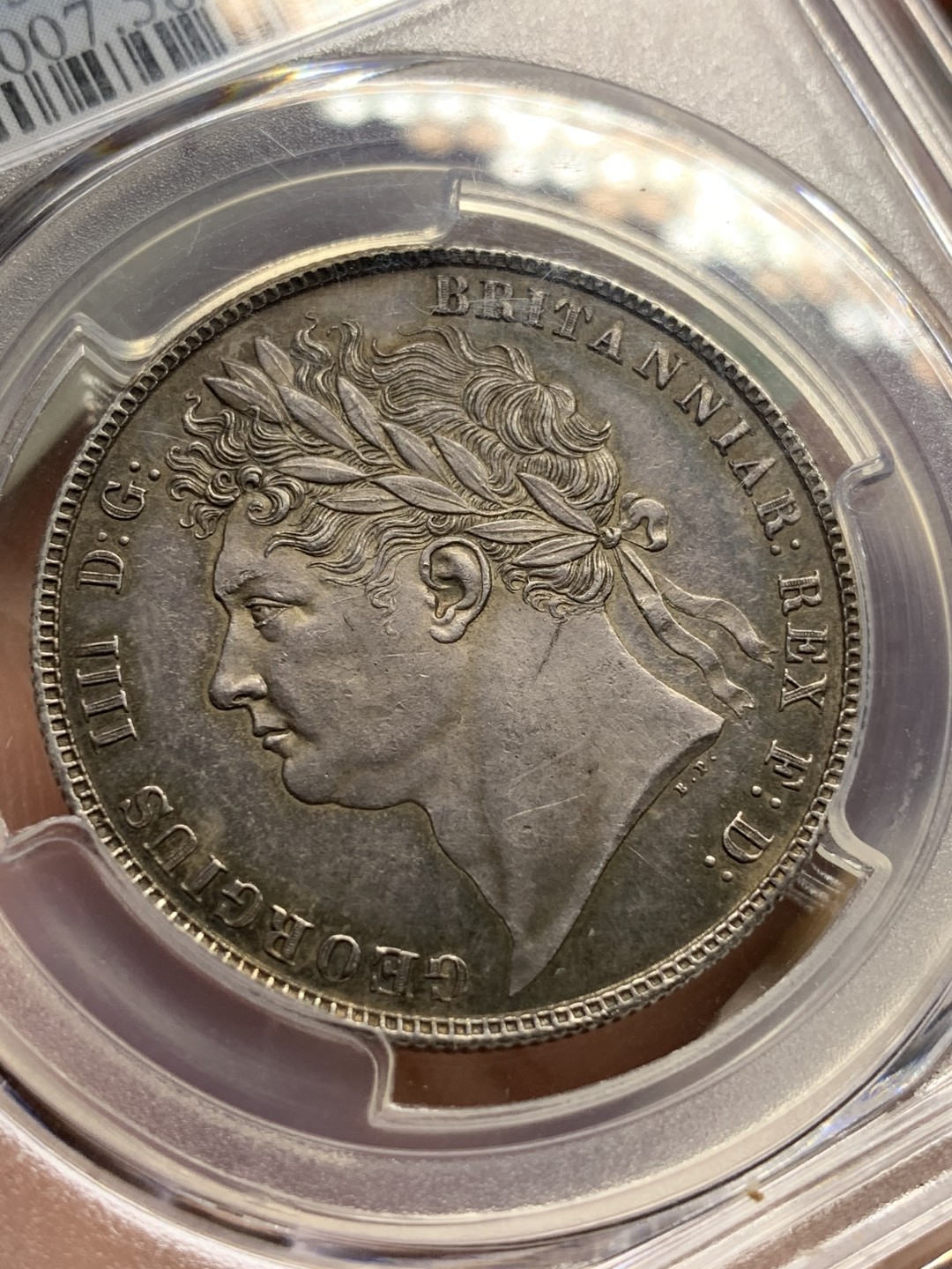 《竞宝斋》第98场-本周日，周一2场连拍（全场不限金额包邮） PCGS AU58 英国 1820年 乔四半克朗 银币 老五彩包浆 包浆币给分不容易