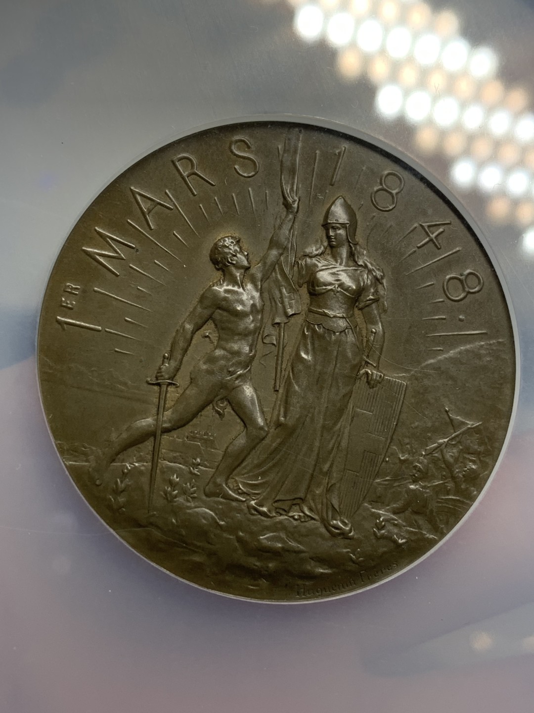 《竞宝斋》第98场-本周日，周一2场连拍（全场不限金额包邮） NGC-MS63 1898年瑞士纳沙泰尔联邦50周年纪念铜章（亚军分，加大盒）