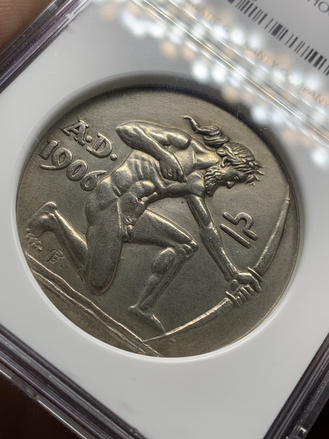 《竞宝斋》第98场-本周日，周一2场连拍（全场不限金额包邮） NGC-MS62 1906 德国 慕尼黑 射击节银章 力与美的结合 充满张力 发髻无磨损 低评