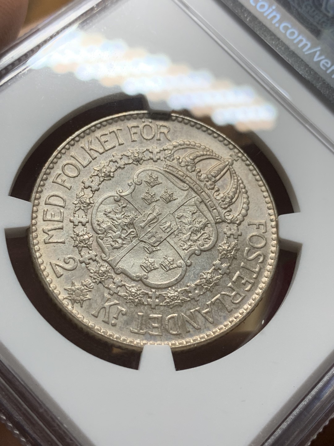 《竞宝斋》第98场-本周日，周一2场连拍（全场不限金额包邮） 第三名 NGC-MS63 瑞典1936年 古斯塔夫五世 2克朗大银币 少见品种