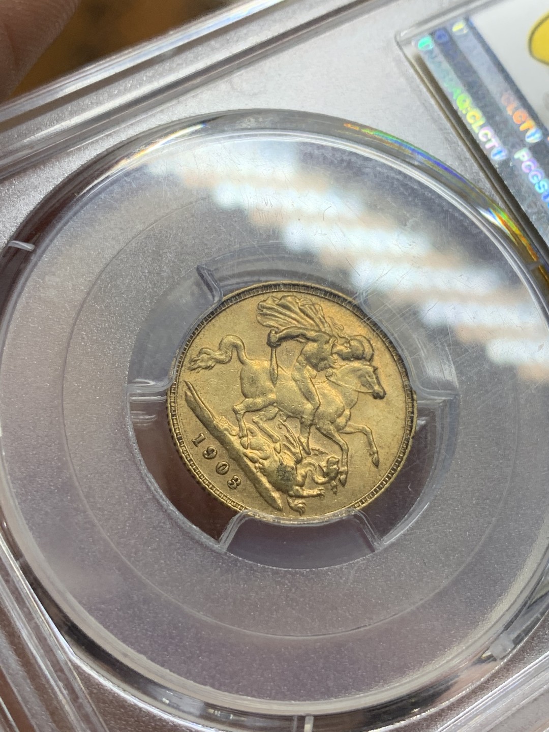 《竞宝斋》第98场-本周日，周一2场连拍（全场不限金额包邮） PCGS AU58 1903年 英国 爱德华七世 1/2索维林金币