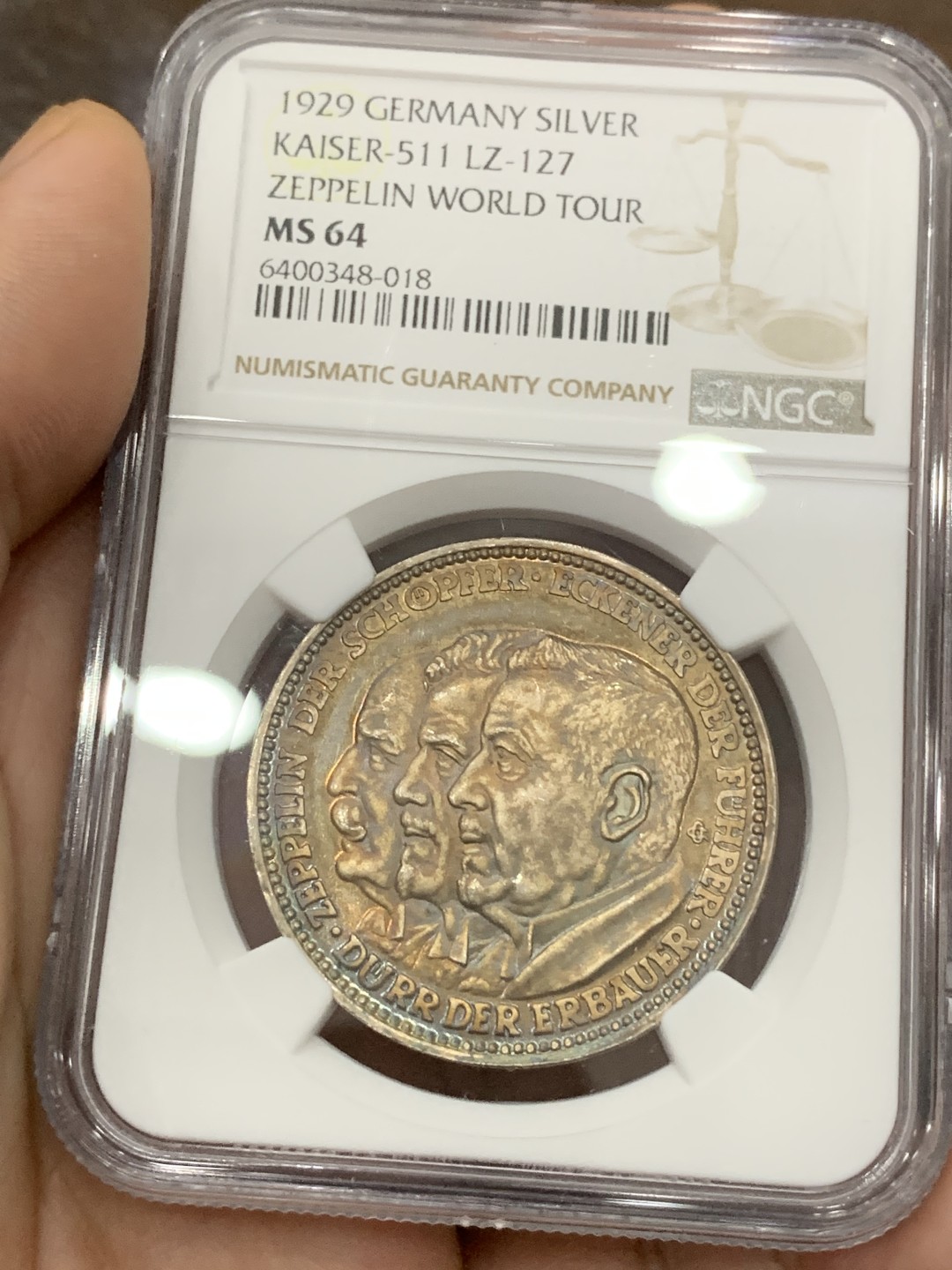 《竞宝斋》第98场-本周日，周一2场连拍（全场不限金额包邮） NGC MS64 1929年德国齐柏林飞艇环球飞行纪念银章 镜面底板 五彩包浆 品相状态完美