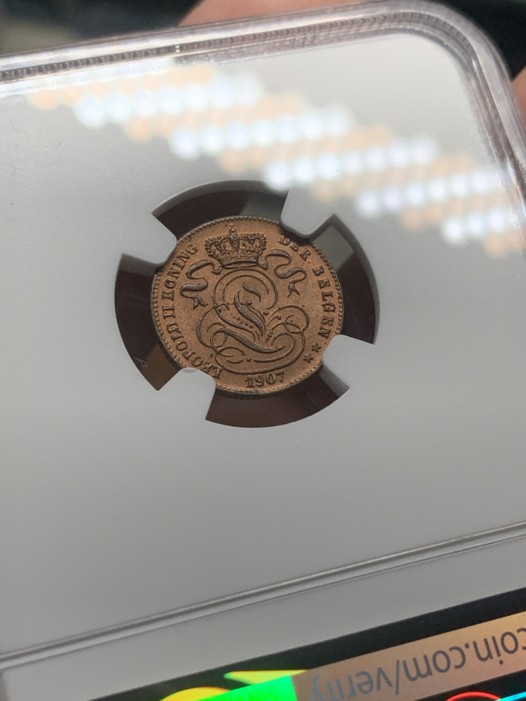 《竞宝斋》第98场-本周日，周一2场连拍（全场不限金额包邮） 亚军分 NGC-MS64 比利时1907年 雄狮1分铜币 铜色原光非常漂亮 