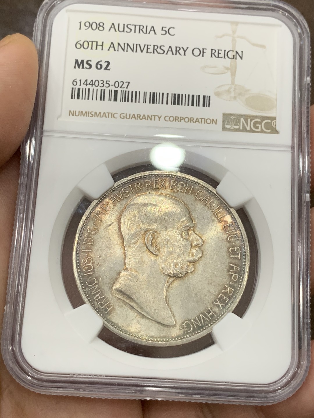 《竞宝斋》第98场-本周日，周一2场连拍（全场不限金额包邮） NGC-MS62 1908年 奥匈帝国 弗朗兹.约瑟夫60大寿纪念大银，环彩包浆，转光完美。奔跑的拿花女神