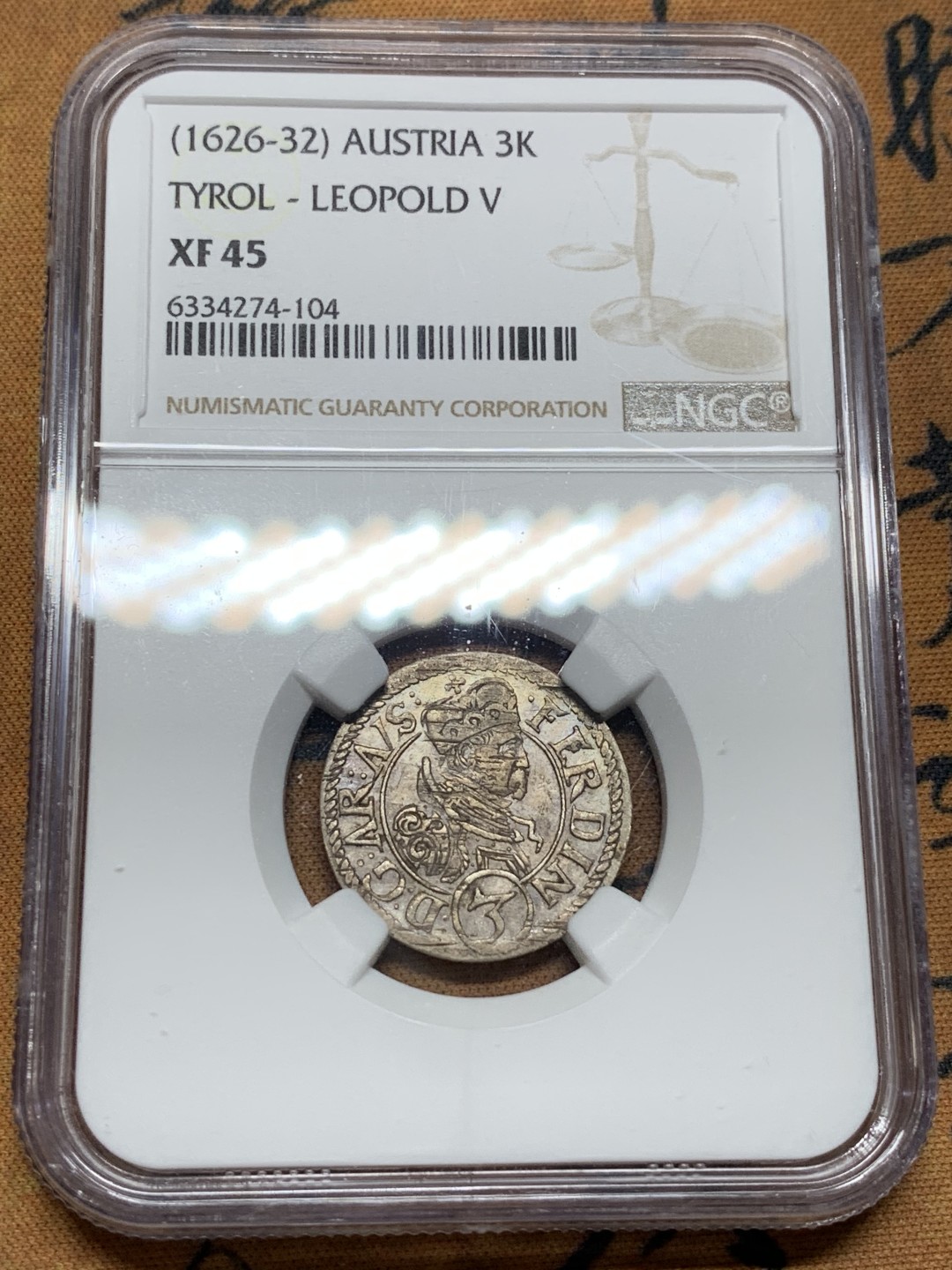 《竞宝斋》第98场-本周日，周一2场连拍（全场不限金额包邮） NGC XF45 神圣罗马帝国 1626-32年 利奥波德五世 3K 小银币 带底光 细节不错