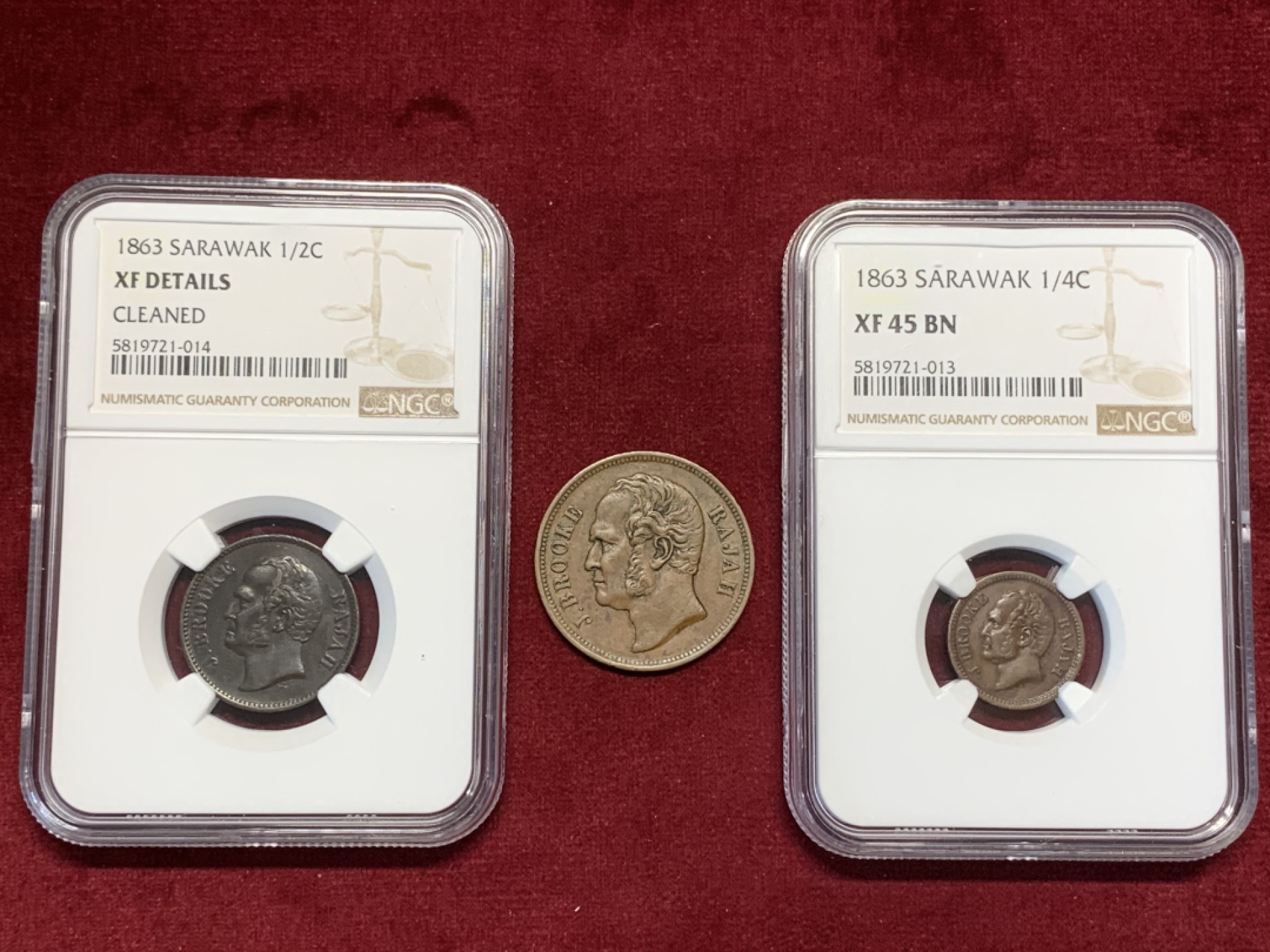 《竞宝斋》第98场-本周日，周一2场连拍（全场不限金额包邮） 沙捞越1863年版三枚 1/4分1/2分1分，稀少2枚均NGC评级