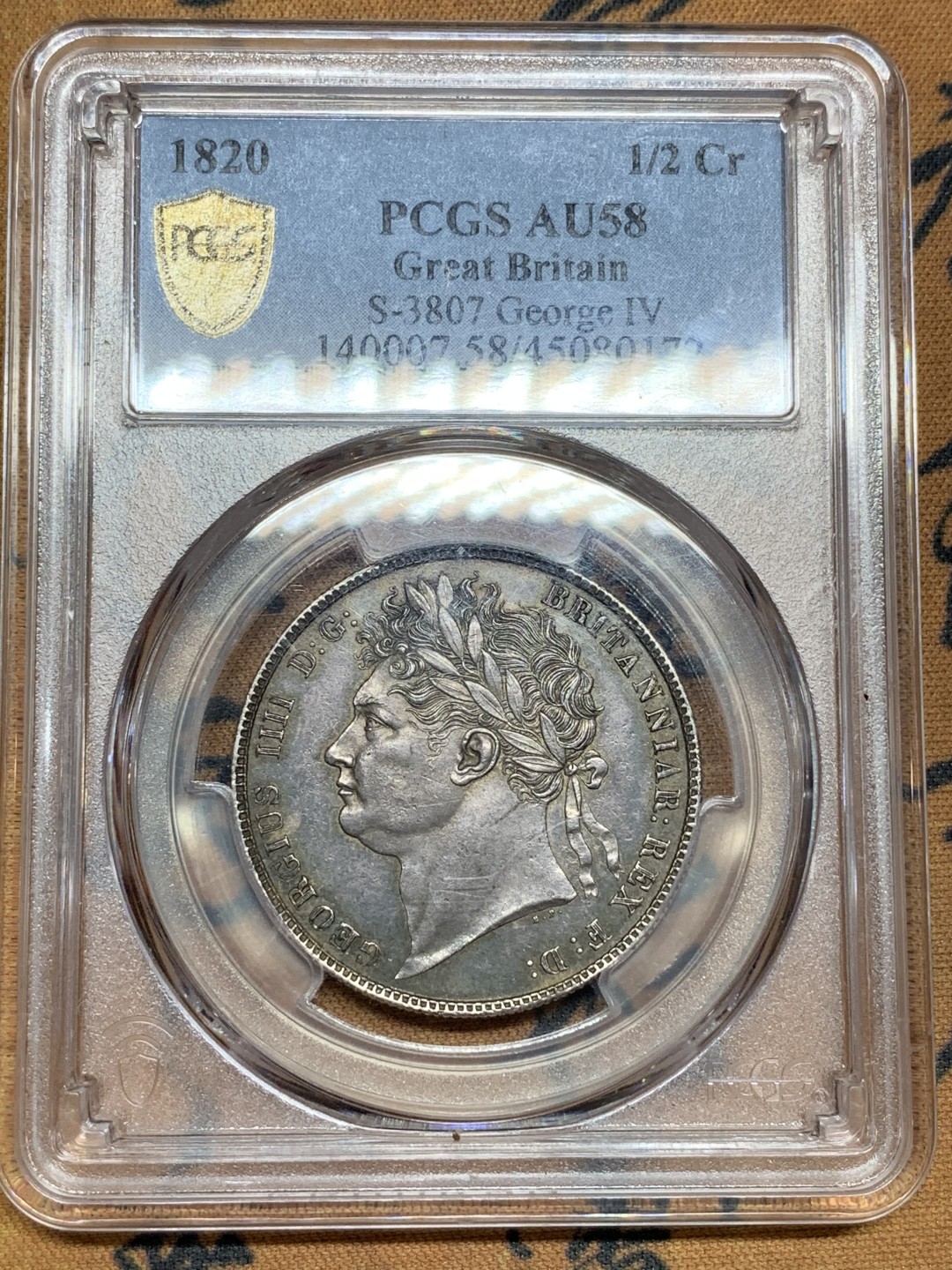 《竞宝斋》第98场-本周日，周一2场连拍（全场不限金额包邮） PCGS AU58 英国 1820年 乔四半克朗 银币 老五彩包浆 包浆币给分不容易