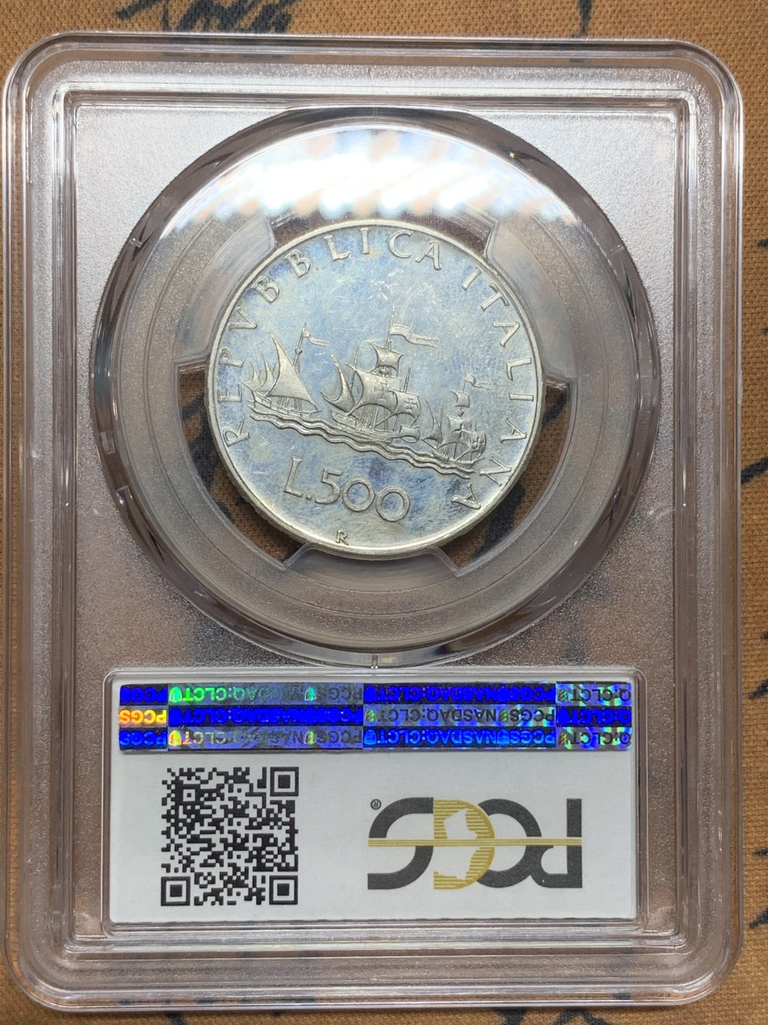 《竞宝斋》第98场-本周日，周一2场连拍（全场不限金额包邮） PCGS-MS65 意大利1966年帆船美女500里拉银币 深度镜面PL状态