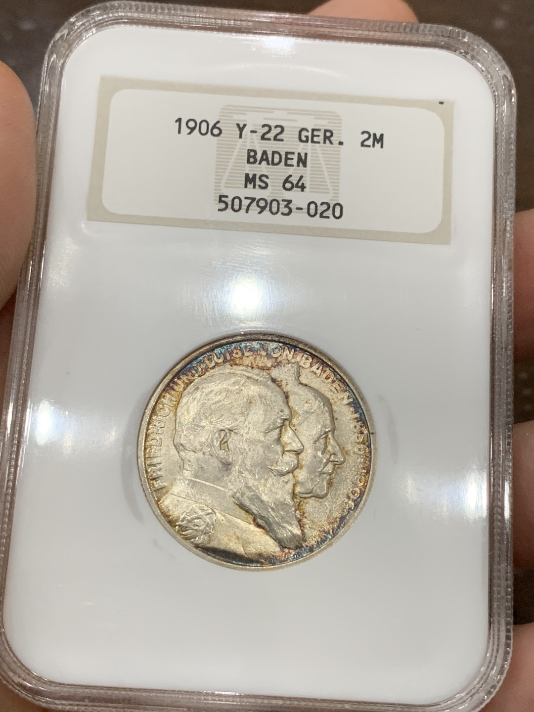 《竞宝斋》第98场-本周日，周一2场连拍（全场不限金额包邮） NGC-MS64 德国巴登1906年2马克银币，好题材金婚纪念马克，NGC老白盒，轻彩好品