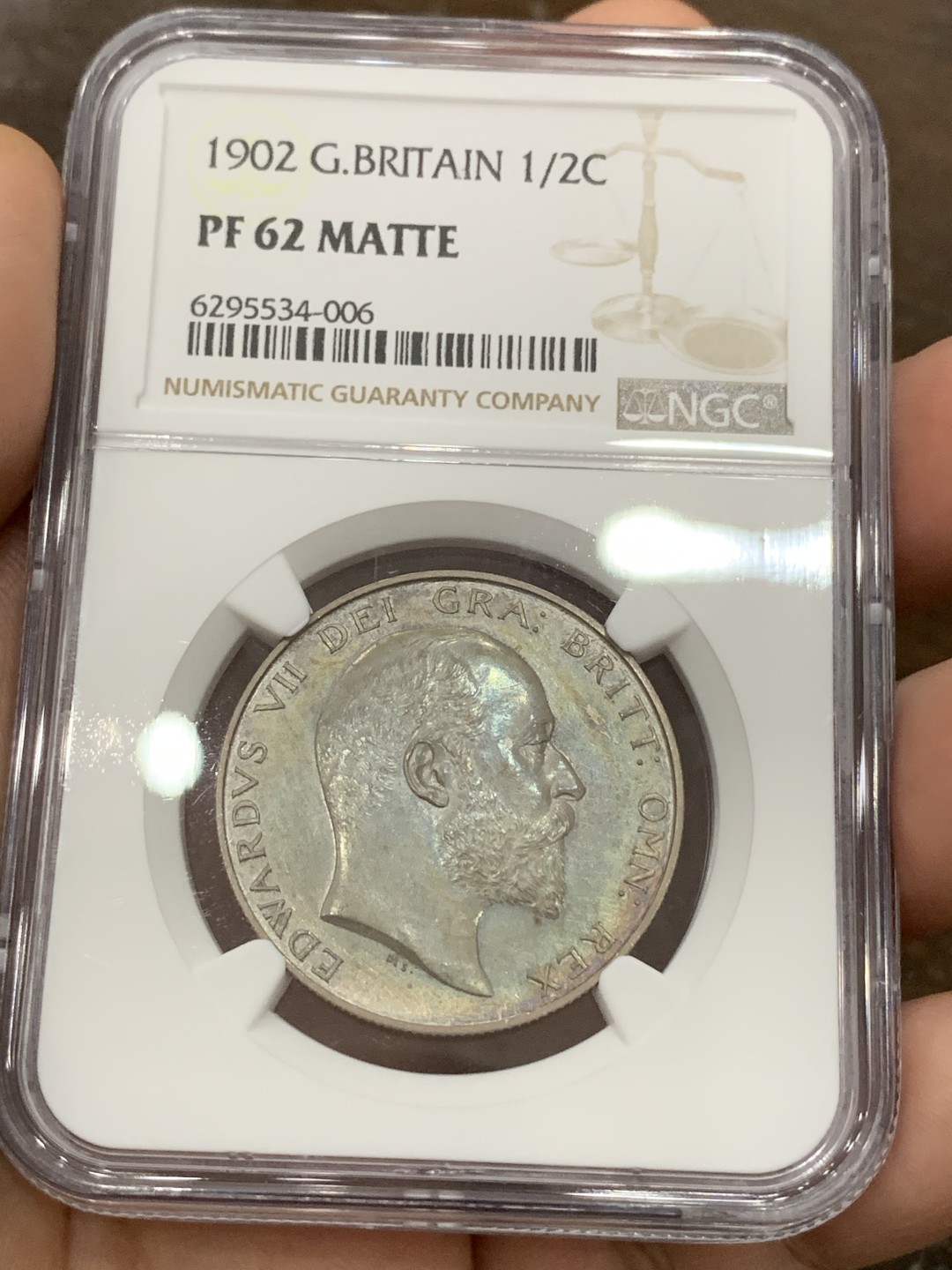 《竞宝斋》第98场-本周日，周一2场连拍（全场不限金额包邮） NGC PF62MATTE 五彩英国1902年爱七精制半克朗银币