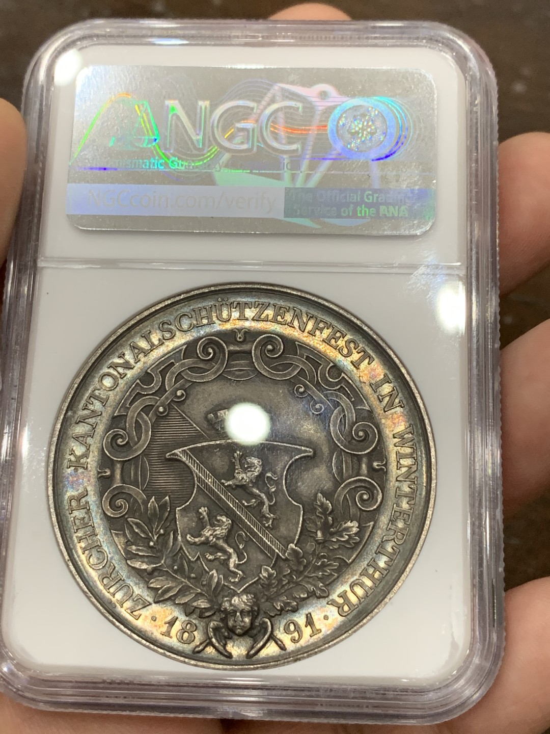 《竞宝斋》第98场-本周日，周一2场连拍（全场不限金额包邮） NGC-MS62 1891 瑞士 苏黎世 大规格 深浮雕 射击节银章 细节一如既往