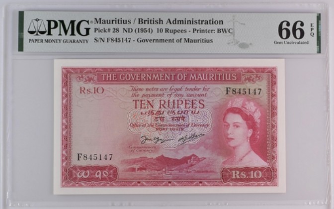 收藏联盟Quantum Auction 第194期——白金之夜 秋季拍卖 毛里求斯1954年10卢比 PMG66 大冠女王珍品
