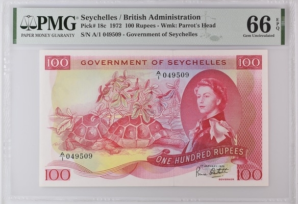 收藏联盟Quantum Auction 第194期——白金之夜 秋季拍卖 塞舌尔1972年100卢比 PMG66 A/1冠 戎装女王珍品 大陆龟 c版冠军分 仅2张 