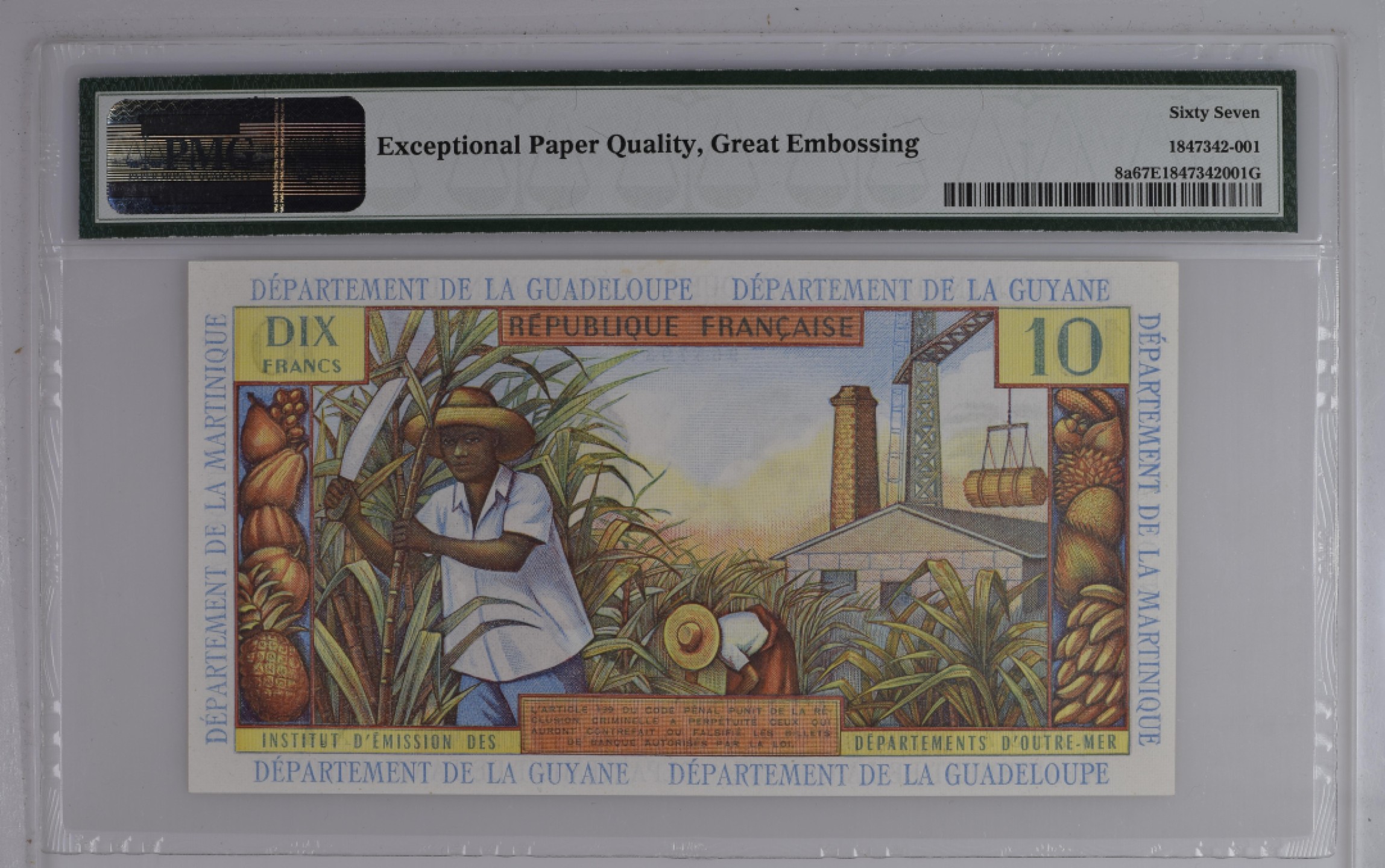 收藏联盟Quantum Auction 第194期——白金之夜 秋季拍卖 法属安得烈斯1964年10法郎 PMG67 稀少初版冠军分 背标great embossing 大蝴蝶结 背面砍甘蔗