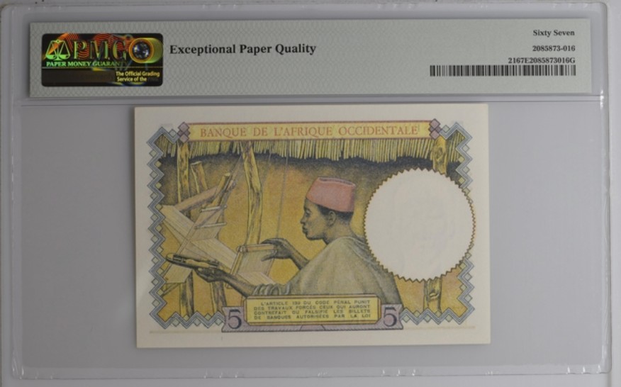 收藏联盟Quantum Auction 第194期——白金之夜 秋季拍卖 法属西非1939年5法郎 PMG67E