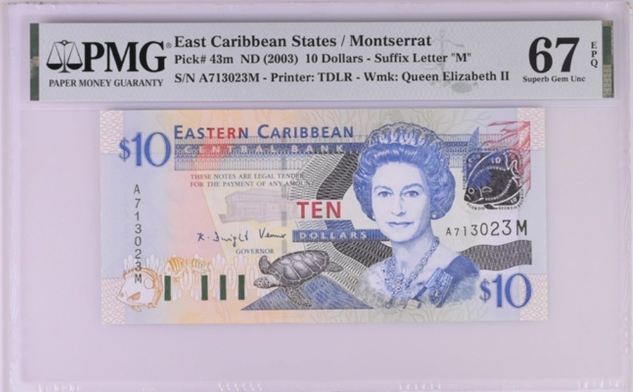 收藏联盟Quantum Auction 第194期——白金之夜 秋季拍卖 东加勒比(蒙塞拉特岛M)2003年10元 PMG67 亚军 仅1张更高分