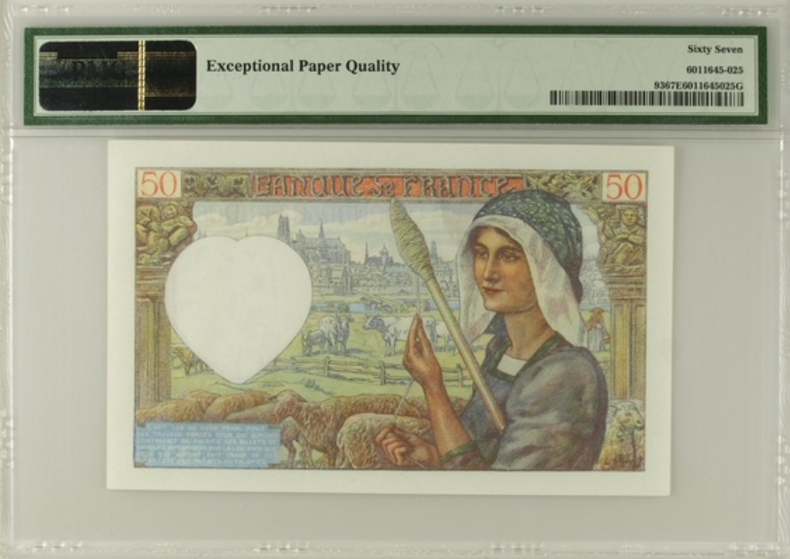 收藏联盟Quantum Auction 第194期——白金之夜 秋季拍卖 法国1942年50法郎 PMG67  红顶商人