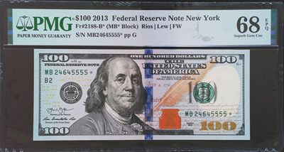 《家喻户晓》世界纸钞第一期 - 美国100美元 补号 狮子号5555 PMG68