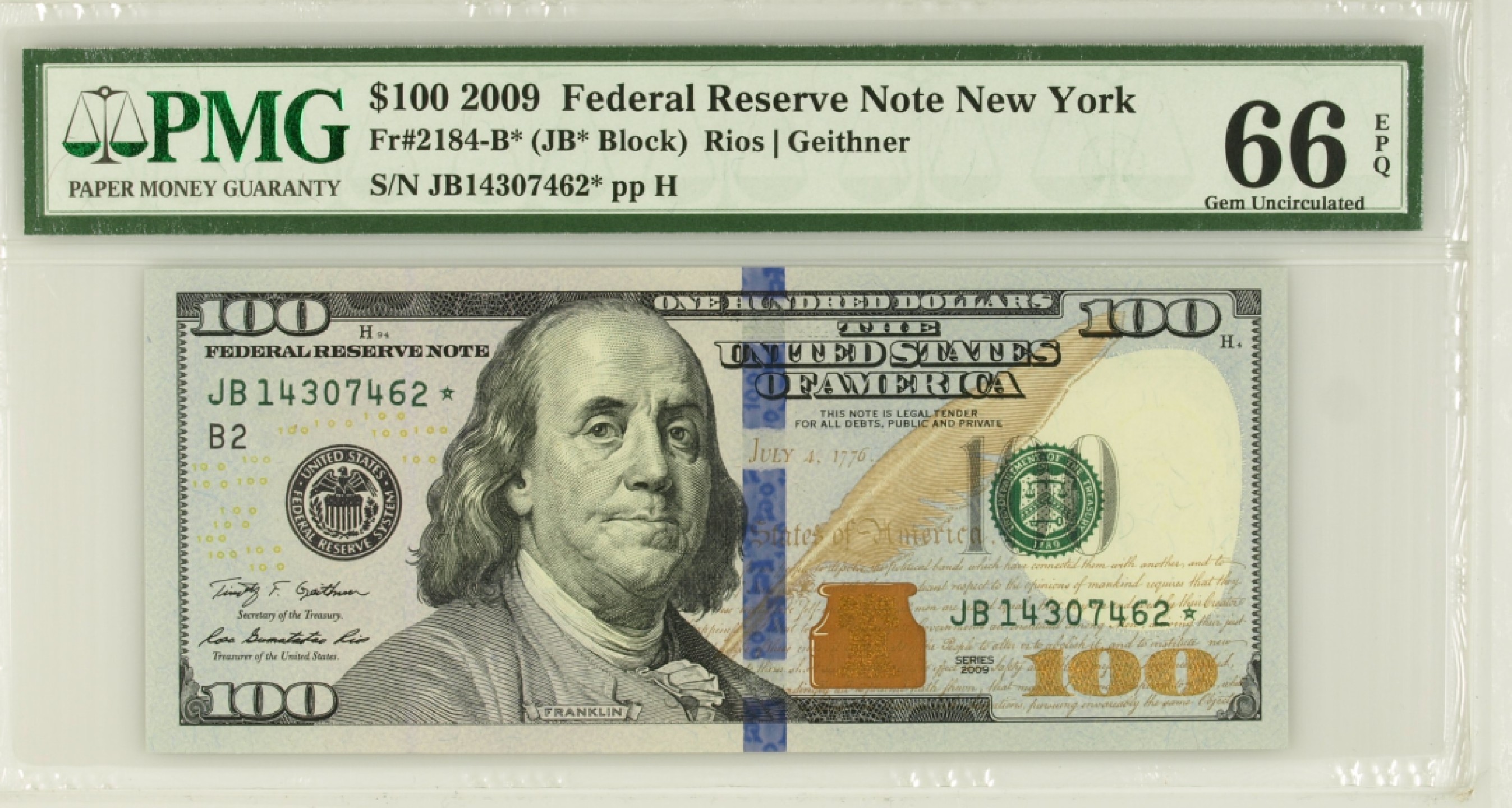 收藏联盟Quantum Auction 第194期——白金之夜 秋季拍卖 美国2009年联邦储备券100元 PMG66 星补号 稀少首发年份版本