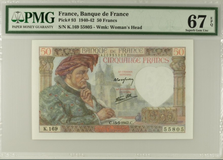收藏联盟Quantum Auction 第194期——白金之夜 秋季拍卖 法国1942年50法郎 PMG67  红顶商人