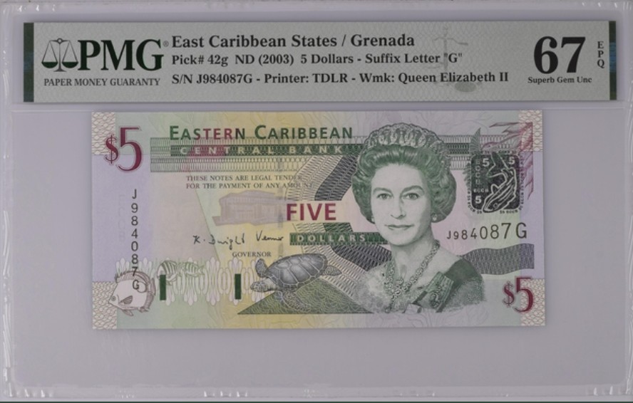 收藏联盟Quantum Auction 第194期——白金之夜 秋季拍卖 东加勒比(格林纳达岛)2003年5元 PMG67