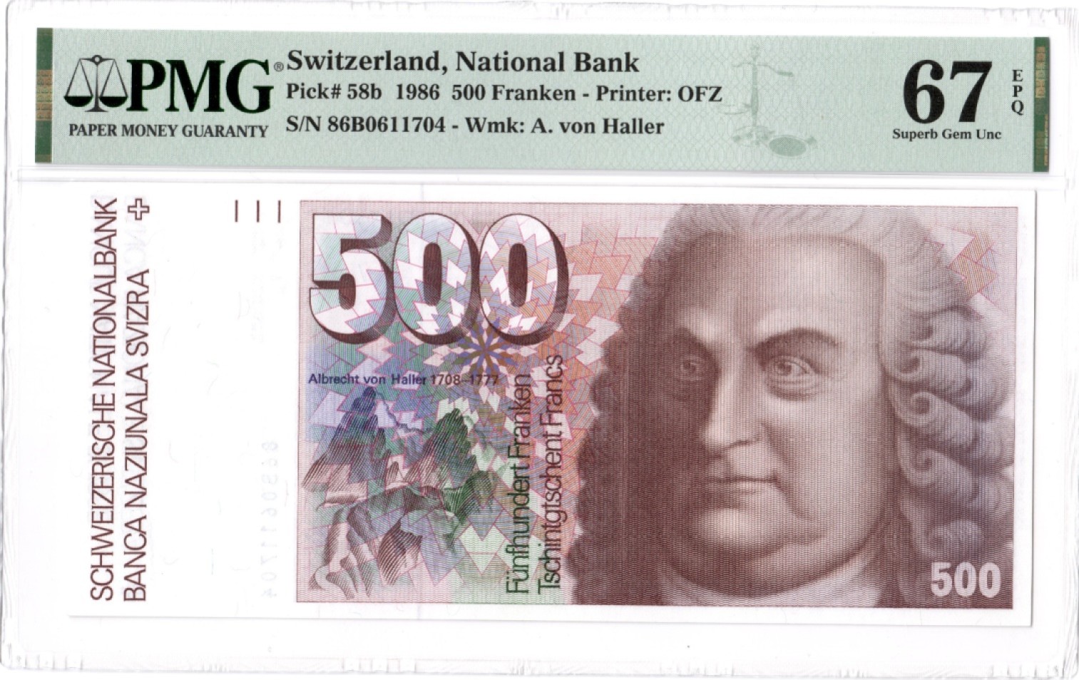 收藏联盟Quantum Auction 第194期——白金之夜 秋季拍卖 瑞士1986年500法郎 PMG67 背部肌肉解剖图