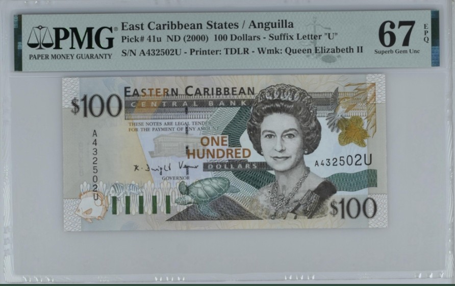 收藏联盟Quantum Auction 第194期——白金之夜 秋季拍卖 2000年东加勒比（安圭拉）100元 PMG67E 亚军仅一张更高分