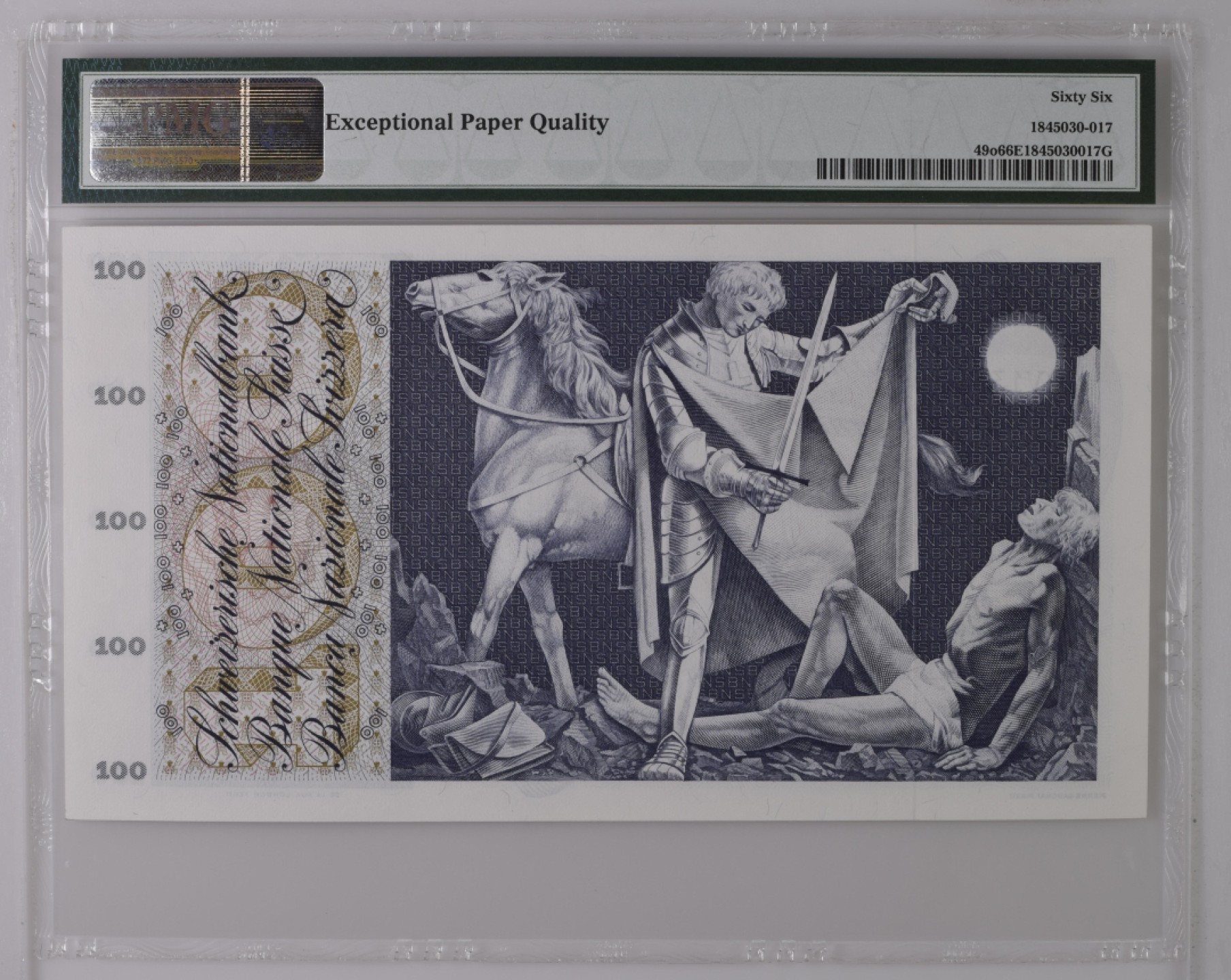 收藏联盟Quantum Auction 第194期——白金之夜 秋季拍卖 瑞士1973年100法郎 PMG66 圣马丁割袍