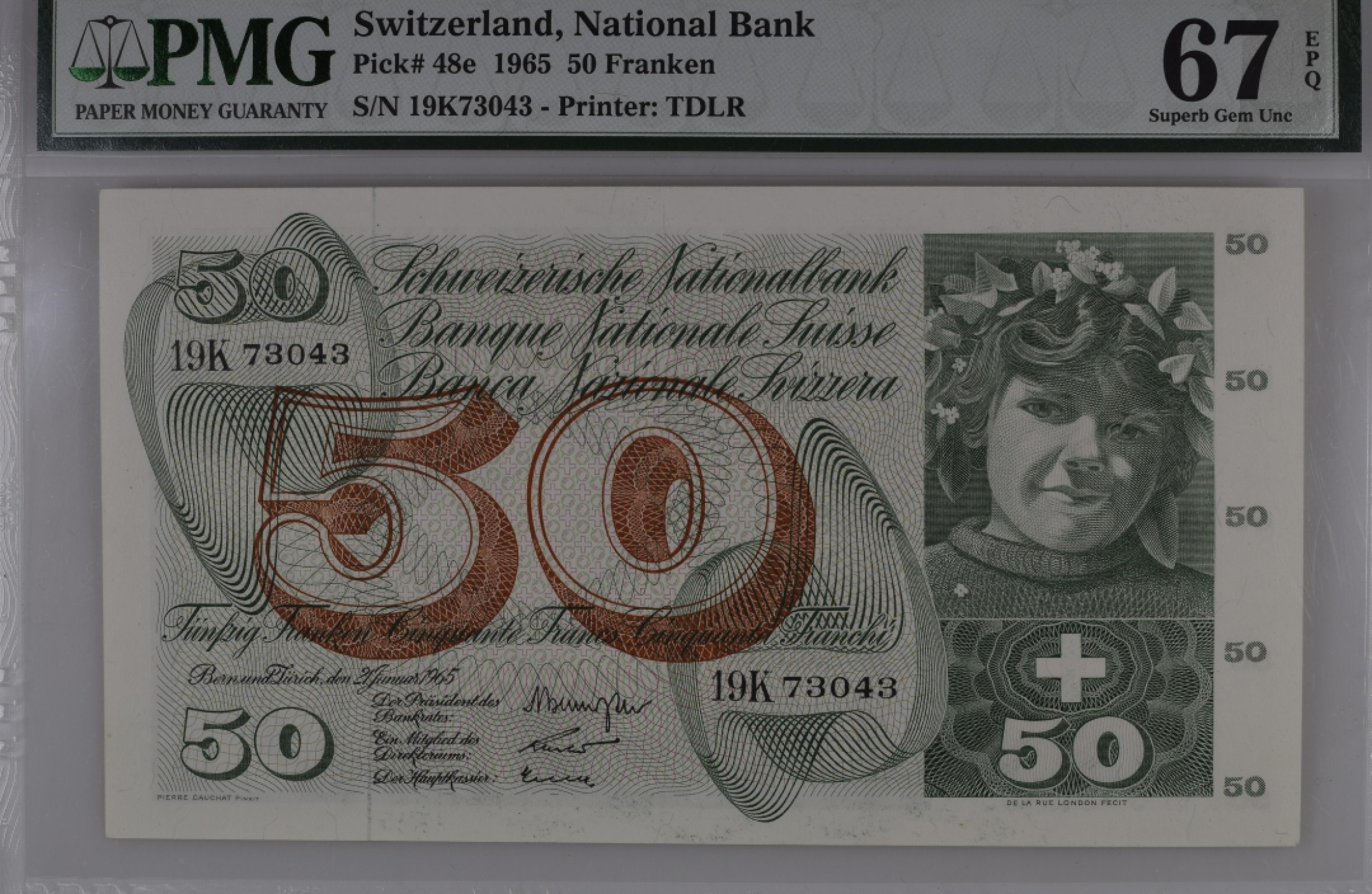 收藏联盟Quantum Auction 第194期——白金之夜 秋季拍卖 瑞士1965年50法郎 PMG67  稀少早期年份 e版冠军分 苹果乐园