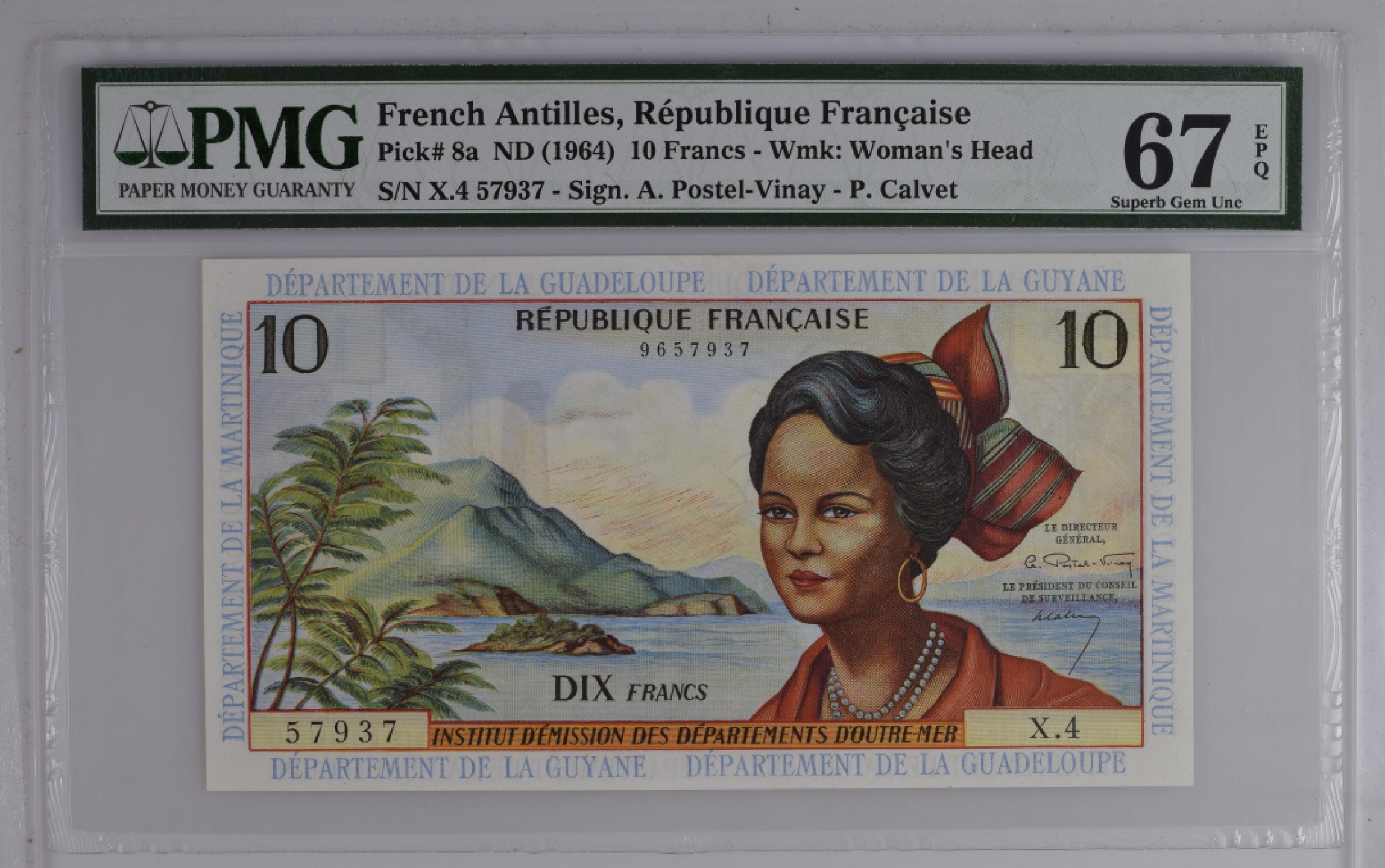 收藏联盟Quantum Auction 第194期——白金之夜 秋季拍卖 法属安得烈斯1964年10法郎 PMG67 稀少初版冠军分 背标great embossing 大蝴蝶结 背面砍甘蔗