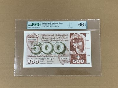 【Blue Auction】✨世界纸币精拍第228期 ——迎国庆专场 - 【无47 升值热门品种 仅1张更高分】瑞士 1969年500法郎 PMG66EPQ 超大票幅 经典青春泉