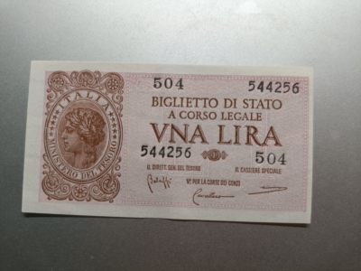 【专场20220925】故纸荒堆——1950年前老纸币专场 - 【拍品003】意大利1944版1里拉全新UNC小票幅