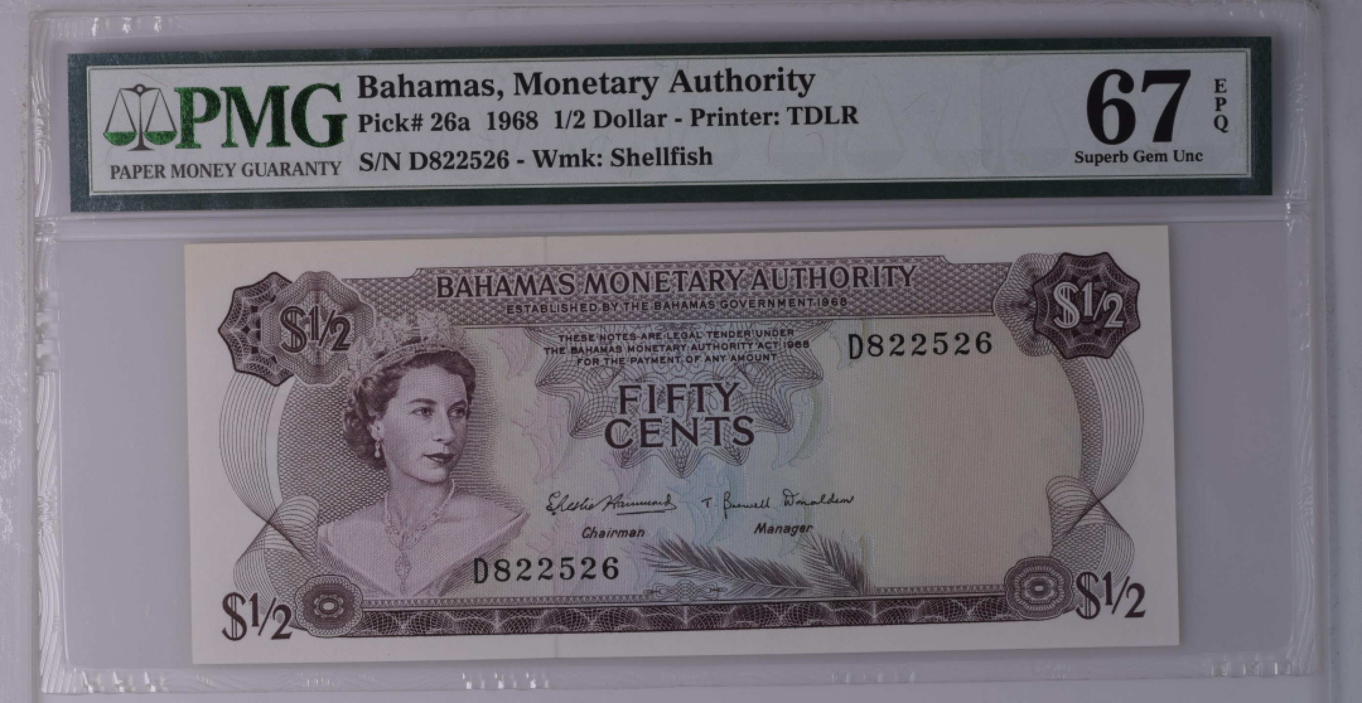 收藏联盟Quantum Auction 第194期——白金之夜 秋季拍卖 巴哈马1968年0.5元 PMG67 德纳罗彩背 路边市场
