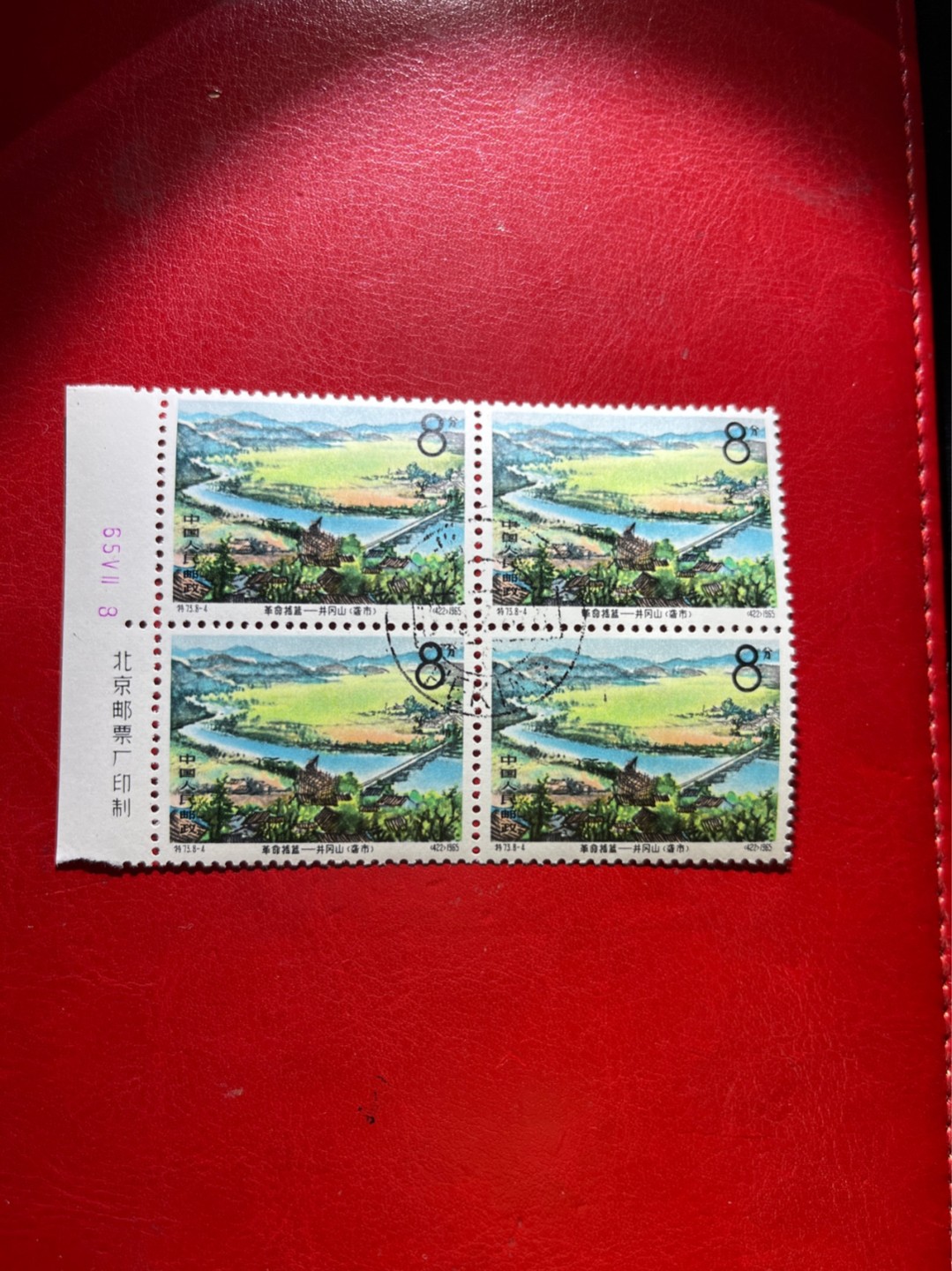 洪涛臻品 精选邮票限时拍卖第三十九期 特73井冈山盖销  8-4 厂名 数字 4方连一组，中心戳，非常漂亮，三俗稀缺，版撕全品嘎嘎绝，解放初的经典票，整版撕开，面艳胶白，票挺洁净，齿孔完美，收藏评级两相宜，且有高附加值边纸。老纪特的版票资源十分稀缺难寻，机会来临时必须抓住。
