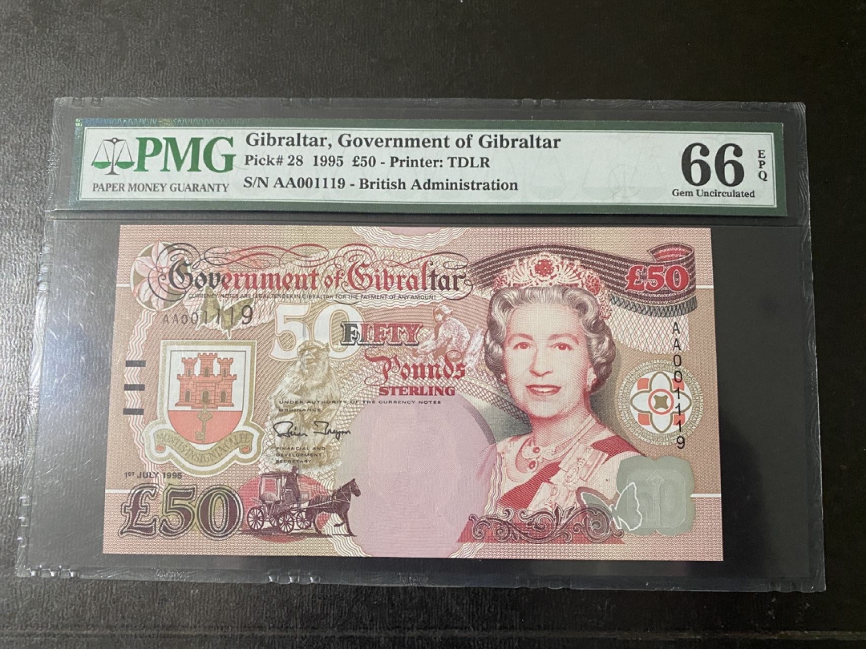 收藏联盟Quantum Auction 第194期——白金之夜 秋季拍卖 直布罗陀1995年50镑 PMG66 AA冠千位号 号码无3457 首相丘吉尔