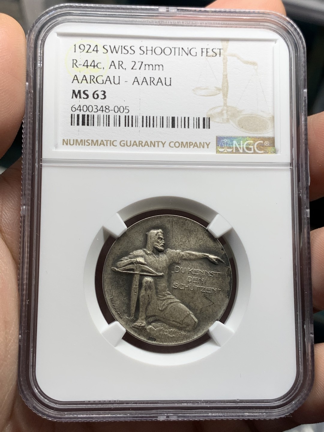 《竞宝斋》第99场-本周日，周一2场连拍（全场不限金额包邮） NGC MS63 瑞士 1924年 阿尔高州 阿劳射击节银章 精铸Matte银章 小中见大的好品种