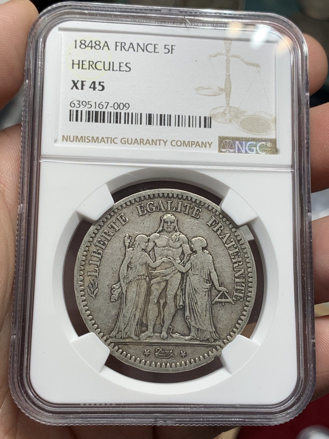 《竞宝斋》第99场-本周日，周一2场连拍（全场不限金额包邮） NGC-XF45 法国1848年 早期大力神5法郎大银币 原味老包浆