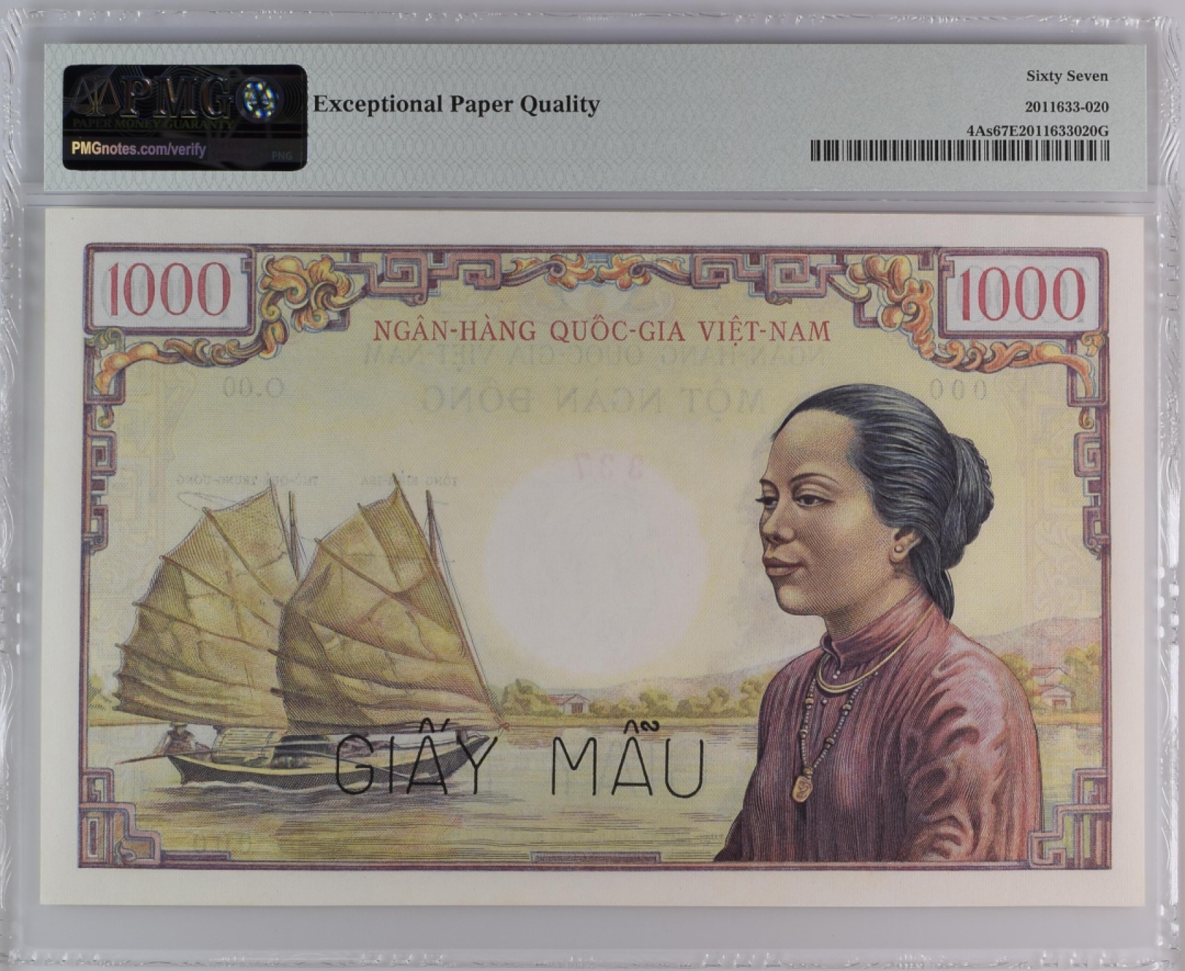 收藏联盟Quantum Auction 第194期——白金之夜 秋季拍卖 越南/南越1955年1000盾样钞 PMG67法属珍品 极珍稀有冠军分 