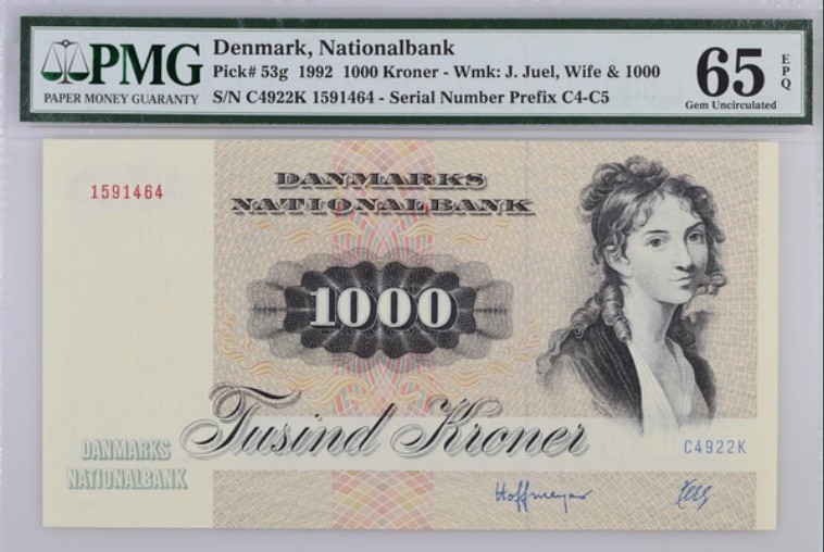 收藏联盟Quantum Auction 第194期——白金之夜 秋季拍卖 丹麦1992年1000克朗 PMG65 大松鼠 美女作家海贝尔夫人