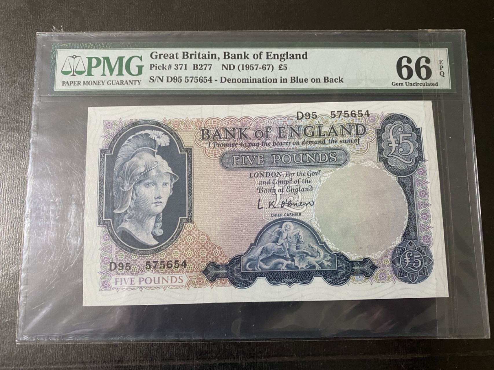 收藏联盟Quantum Auction 第194期——白金之夜 秋季拍卖 英国1957-67年5镑 PMG66 雄狮守金库