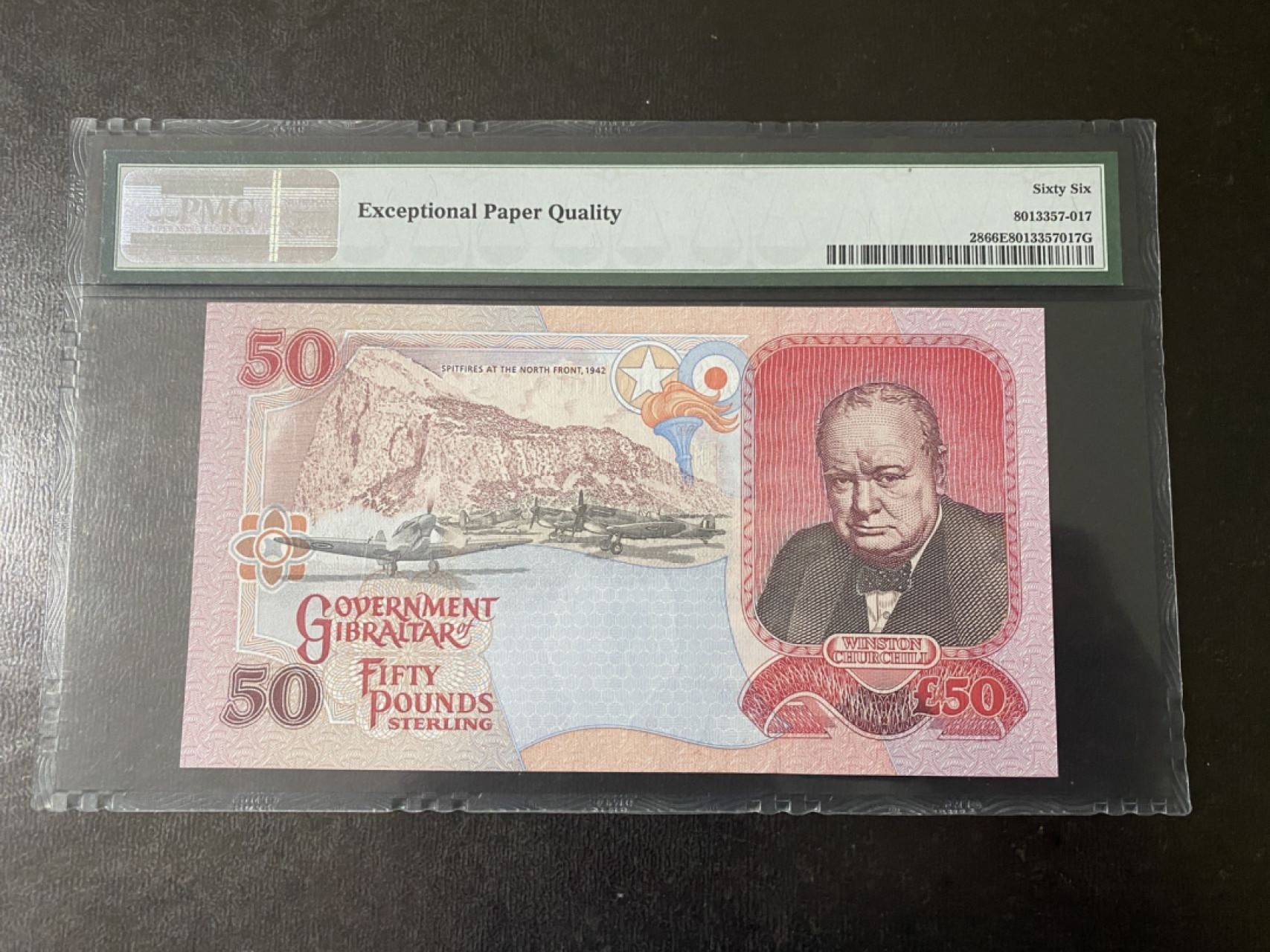 收藏联盟Quantum Auction 第194期——白金之夜 秋季拍卖 直布罗陀1995年50镑 PMG66 AA冠千位号 号码无3457 首相丘吉尔