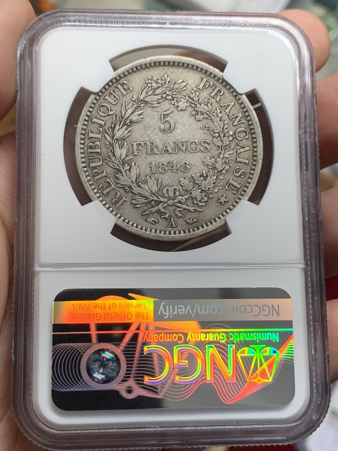 《竞宝斋》第99场-本周日，周一2场连拍（全场不限金额包邮） NGC-XF45 法国1848年 早期大力神5法郎大银币 原味老包浆