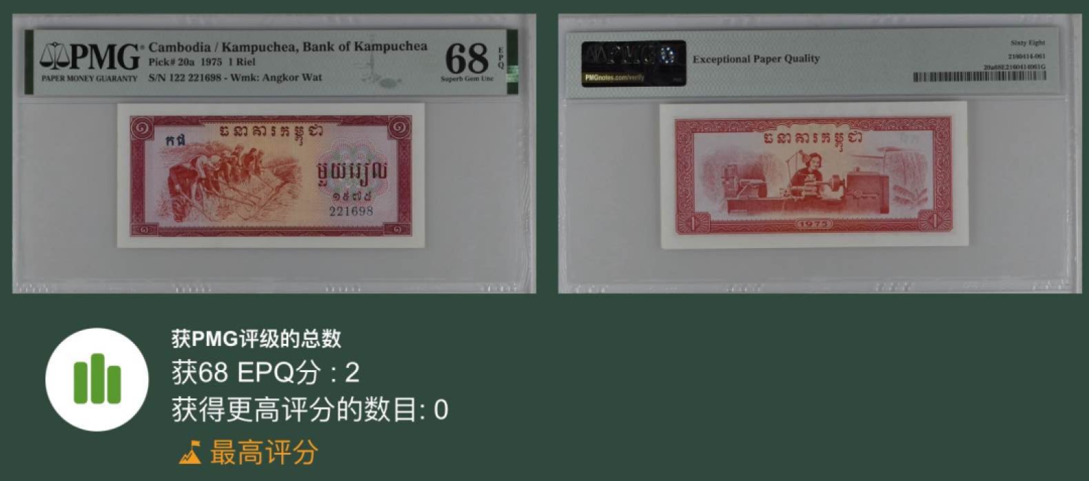 收藏联盟Quantum Auction 第194期——白金之夜 秋季拍卖 柬埔寨1975年1瑞尔 PMG68 冠军分 女版车工 中国代印 